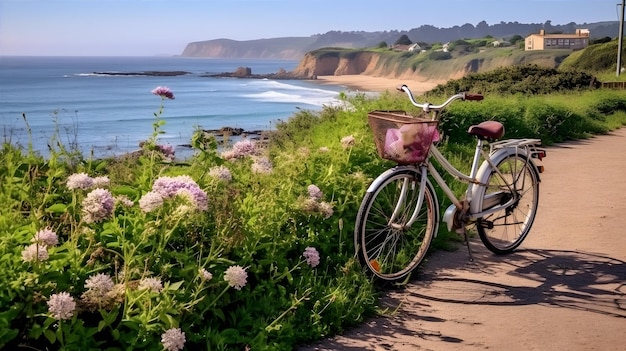Eine reizvolle Fahrradfahrt entlang eines malerischen Küstenpfades mit dem azurblauen Ozean auf der einen Seite und lebendigen blühenden Blumen, die die andere schmücken