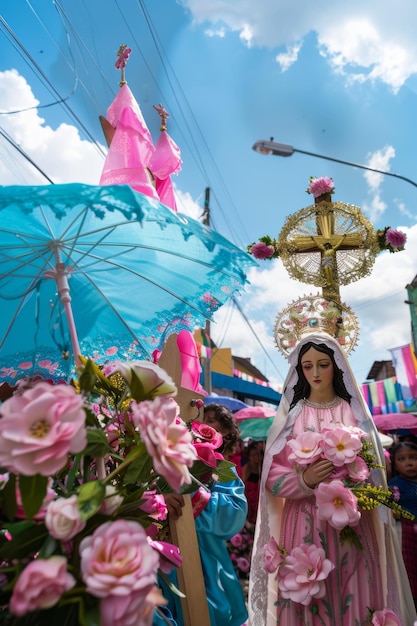 Foto eine religiöse prozession mit dem kreuz der heiligen maria in rosa und blau