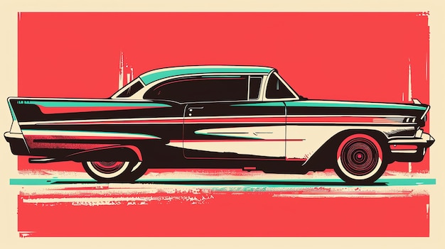 Eine Retro-Vektorillustration eines klassischen amerikanischen Autos aus den fünfziger Jahren. Das Auto ist schwarz mit einem weißen Streifen an der Seite und einem roten Hintergrund.