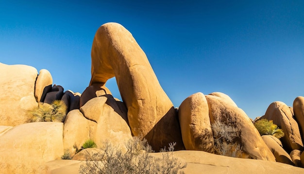 Eine riesige Hand ruht auf einem Felsen in der Wüste.