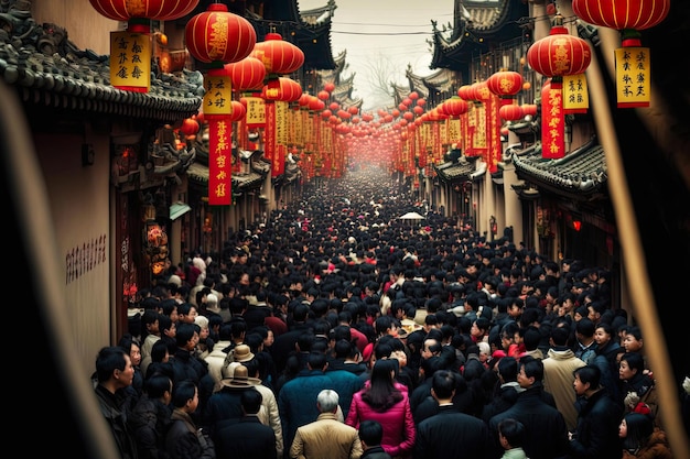 Eine riesige Menschenmenge kam auf die geschmückte Straße, um das chinesische Neujahr zu feiern