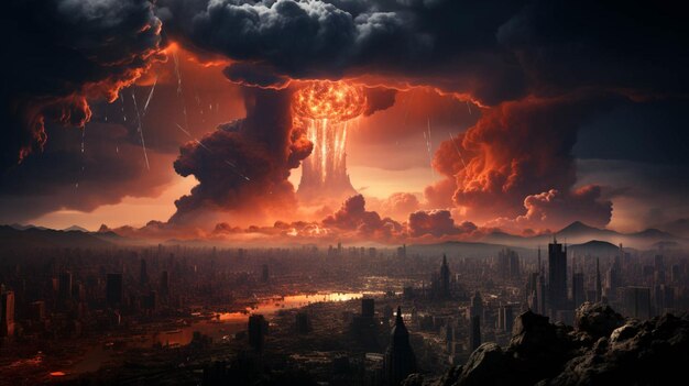 eine riesige Pilzwolke ist am Himmel über einer Stadt Explosion Hintergrund