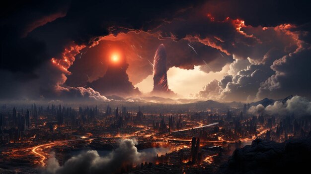 eine riesige Pilzwolke ist am Himmel über einer Stadt Explosion Hintergrund