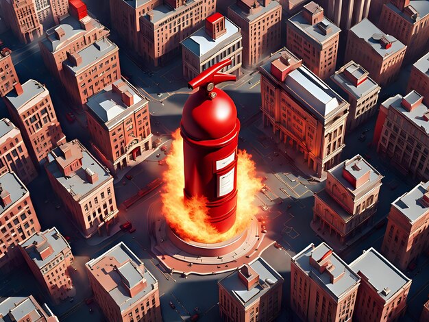 Eine riesige Skulptur eines Feuerlöschers, umgeben von modernen und eleganten Gebäuden 3D-Illustration