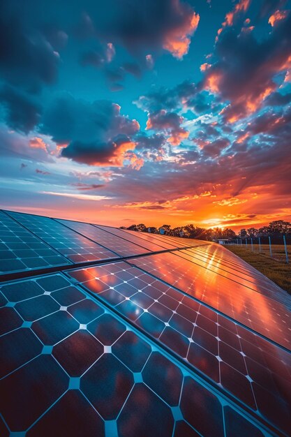 Eine riesige Solaranlage reflektiert einen atemberaubenden Himmel mit Abendlicht, das erneuerbare Energie und saubere Technologie gegen einen natürlichen Hintergrund symbolisiert