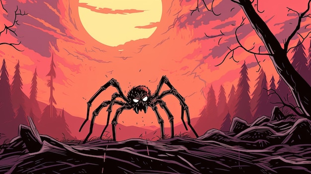 Eine riesige Spinne, die auf einem Netz kriecht. Fantasy-Konzept Illustrationsmalerei. Generative KI