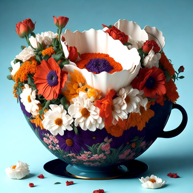 Foto eine riesige teetasse voller blumen