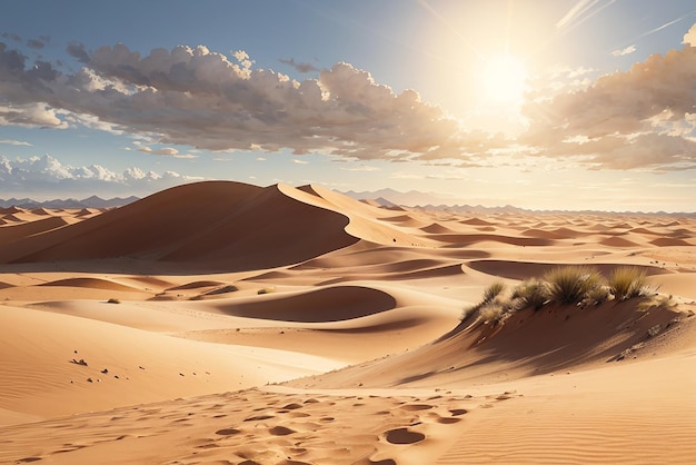 Eine riesige, windgepeitschte Wüste mit wandernden Sanddünen und einer gleißenden Sonne am Himmel, eingefangen in einem hyperrealistischen Motiv