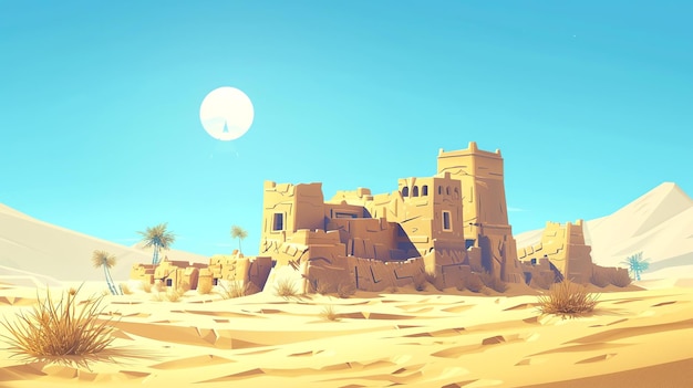 Eine riesige Wüstenlandschaft mit einer ruinierten Stadt in der Ferne. Die Stadt besteht aus gelbem Sandstein und hat einen großen Turm, der noch steht.
