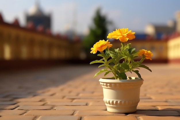 Eine Ringelblume in einem Topf mit einem leeren Terrassengarten