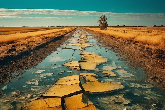 Eine rissige Straße mit einem blauen Himmel im Hintergrund