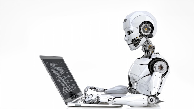 Foto eine roboterfigur sitzt auf einem laptop und zeigt künstliche intelligenz bei der arbeit in der modernen technologie