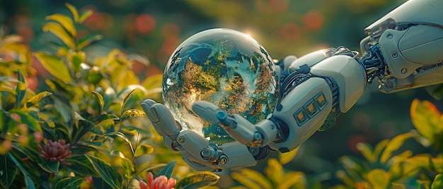 Eine Roboterhand berührt den zarten Globus im bunten Grün, was die Harmonie zwischen Technologie und Umwelt bedeutet