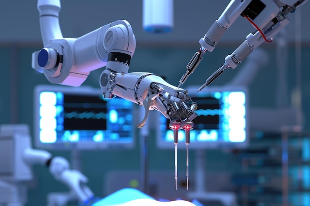 Eine Roboterhand, die einen Blutstropfen vor der sterilen Kulisse eines Krankenhauses festhält Nanoroboter, die chirurgische Operationen durchführen KI-generiert
