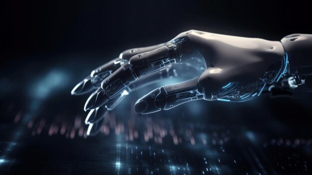 Eine Roboterhand mit einem leuchtenden Gesicht und den Wörtern Roboter auf der linken Hand.