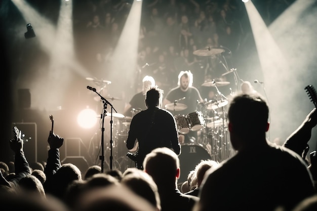 Eine Rockband auf der Bühne, gesehen von Backstage Ai generiert