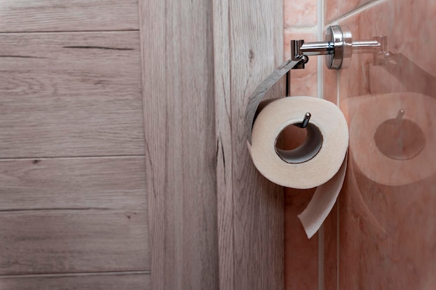 Eine Rolle Toilettenpapier hängt in einem Halter in der Toilette