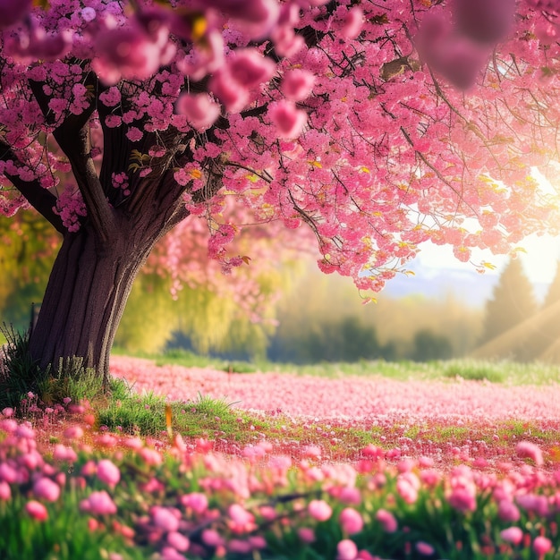 Eine romantische Aussicht auf rosa blühende Bäume