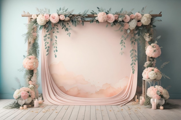 Eine romantische Bühne für eine Hochzeit mit Rosen und ein Ort für Ihren Text