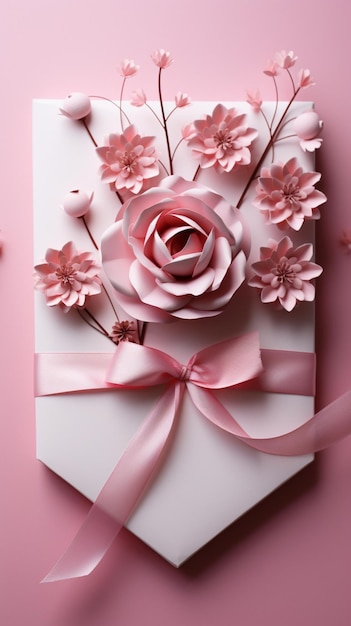 Eine romantische Grußkarte aus Papier, verziert mit einem Herzornament und einer vertikalen mobilen Wallpap mit rosa Blumen