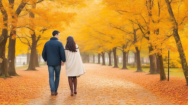 Eine romantische Szene eines Paares, das Hand in Hand einen mit einer bunten Decke bedeckten Weg entlang geht
