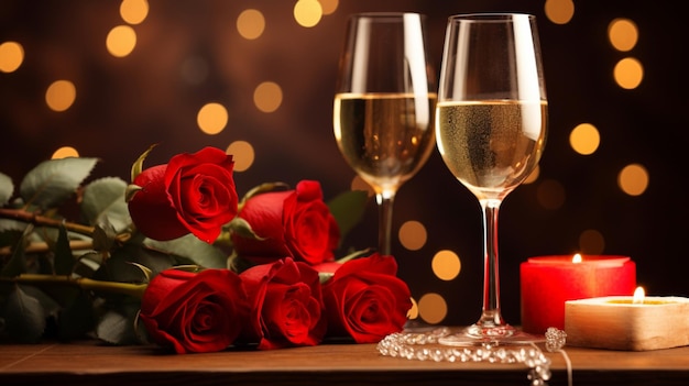 Eine romantische Szene mit zwei Champagnergläsern auf einem Holztisch, umgeben von üppigen roten Rosen