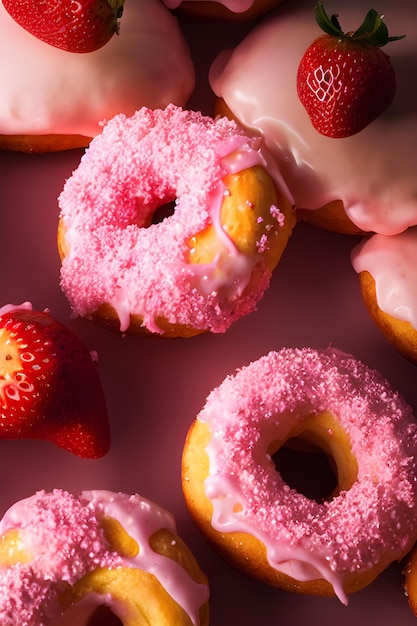 Eine rosa Auswahl an Erdbeer-Donuts mit rosa Zuckerguss und Erdbeeren obendrauf.