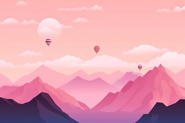 Eine rosa Berglandschaft mit einem rosa Himmel und einem rosa Berg im Hintergrund.