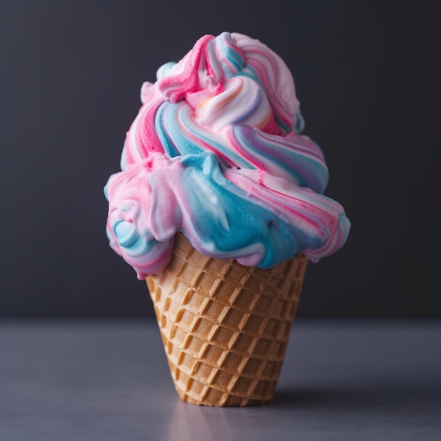 Eine rosa-blaue Eistüte mit dem Wort „Ice Cream“ darauf.