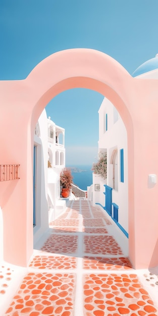 Eine rosa-blaue Wand mit einem Schild mit der Aufschrift „Santorini“.