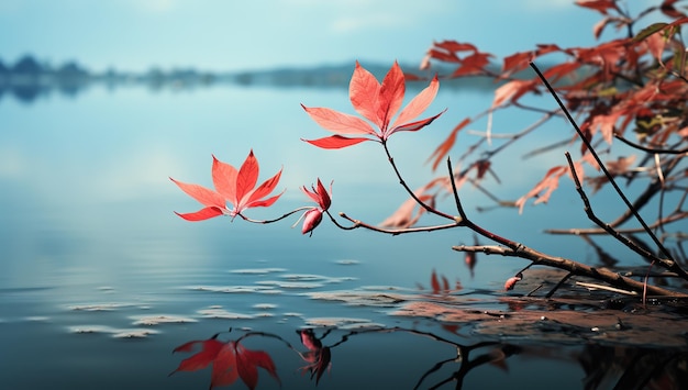 Eine rosa Blume am Fluss, ein Zweig über dem Wasser