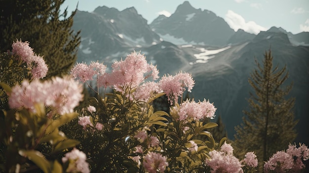 eine rosa Blume auf einem Busch mit Bergen im Hintergrund