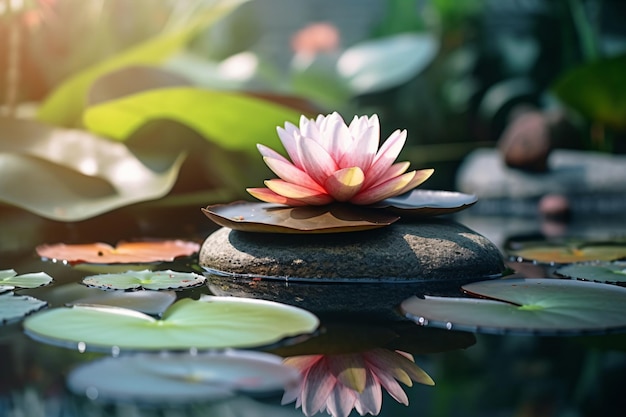 Eine rosa Blume, die auf einem Felsen in einem Teich sitzt