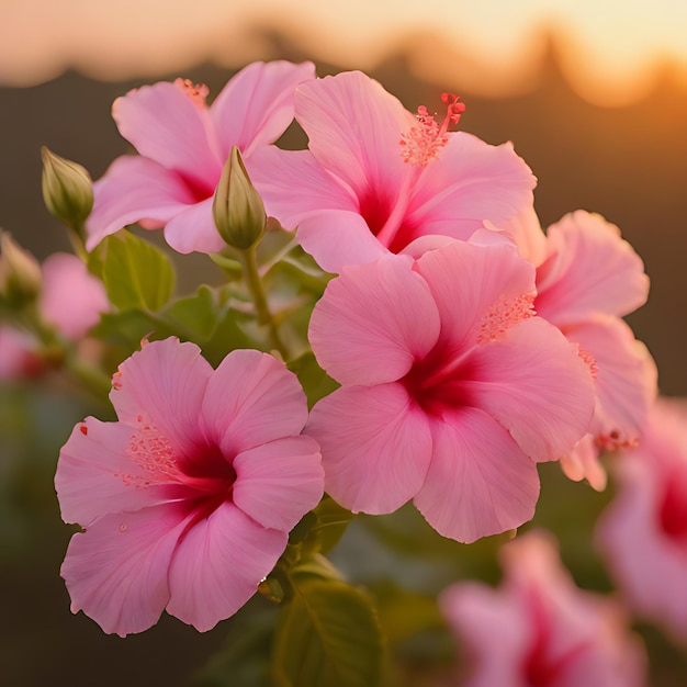 eine rosa Blume, hinter der die Sonne untergeht