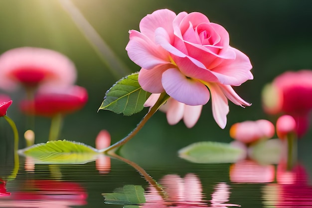 Eine rosa Blume im Wasser, auf die die Sonne scheint.