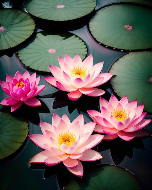 Eine rosa Blume in einem Teich mit Seerosenblättern