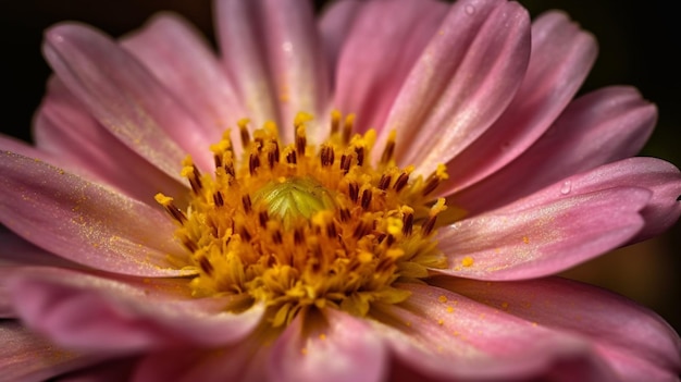 Eine rosa Blume mit gelben Staubgefäßen und einem gelben Staubblatt.