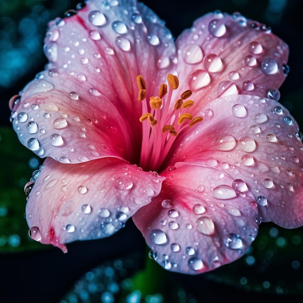 eine rosa Blume mit Wassertropfen darauf und den Wassertröpfchen auf den Blütenblättern.