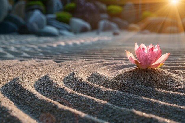 Foto eine rosa blume sitzt auf einem sandstrand