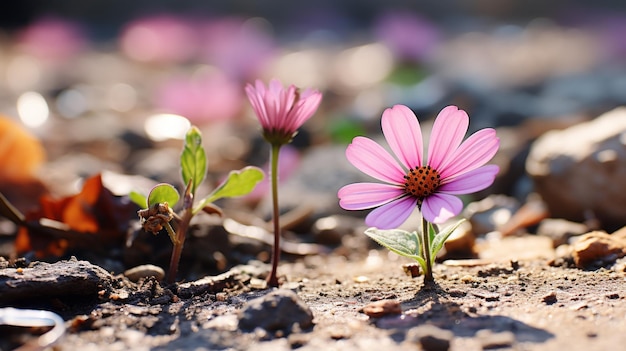 Foto eine rosa blume wächst aus dem boden