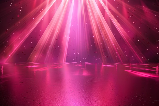 Eine rosa Bühne mit hellen Lichtern und Sternen im Hintergrund und eine Bühn mit einer Bank im Hintergrund