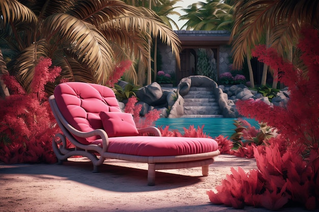 Eine rosa Couch steht vor einem Pool mit tropischem Garten und tropischem Garten.