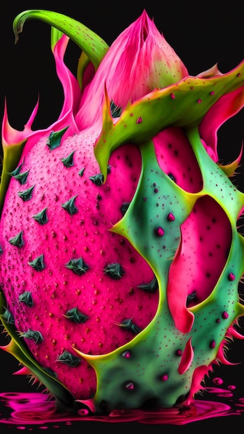 Eine rosa Drachenfrucht mit grünen und rosa Farben.