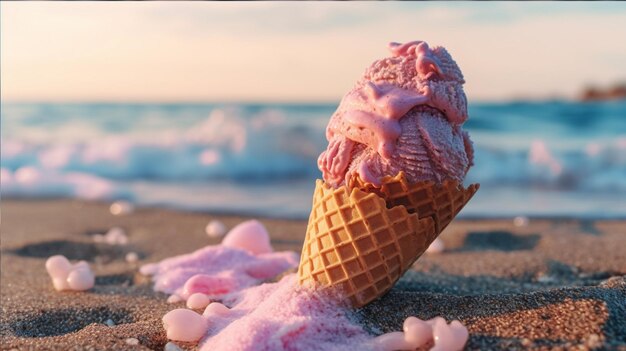 Eine rosa Eistüte am Strand mit rosa Hintergrund und dem Wort „Ice Cream“ darauf.