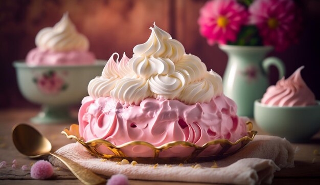 Eine rosa Erdbeer-Sahne-Torte mit einem großen weißen Strudel oben drauf.