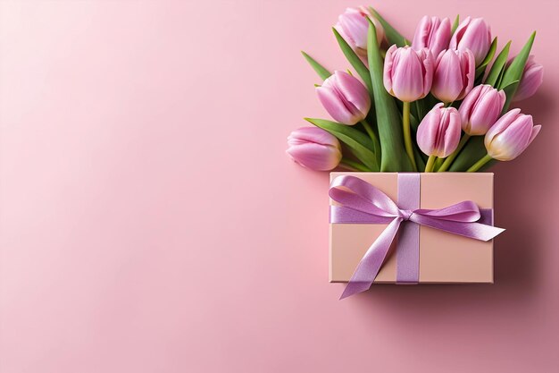 Eine rosa Geschenkbox mit Tulpen darauf auf rosa Hintergrund