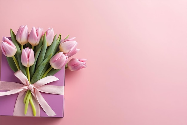 Eine rosa Geschenkbox mit Tulpen darauf auf rosa Hintergrund