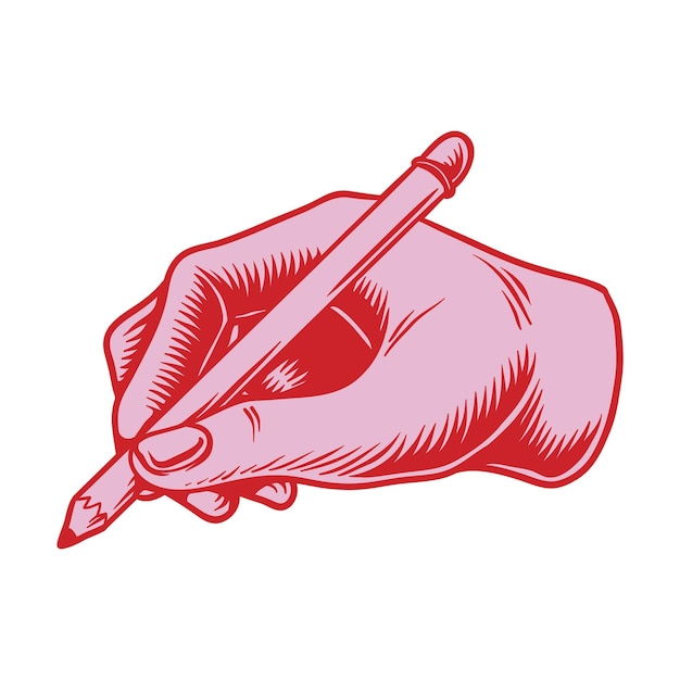 Eine rosa Hand hält ein Bleistift-Aufkleber-Designelement