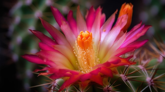 Eine rosa Kaktusblüte mit orangefarbener Mitte.