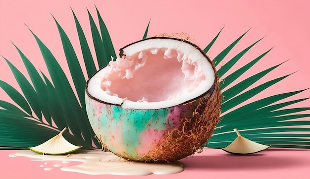 Eine rosa Kokosnuss mit einer Kokosnuss darauf und einem Palmblatt an der Seite.